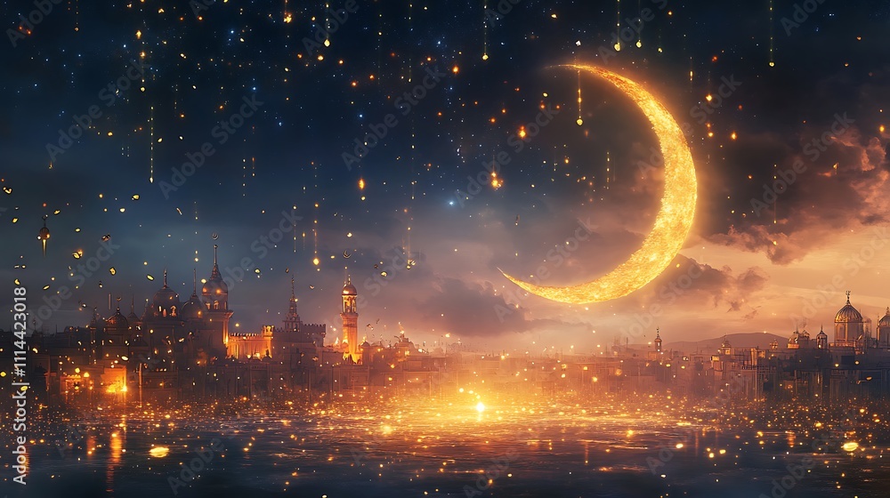 Fototapeta premium Golden Crescent Moon Over Illuminated Cityscape