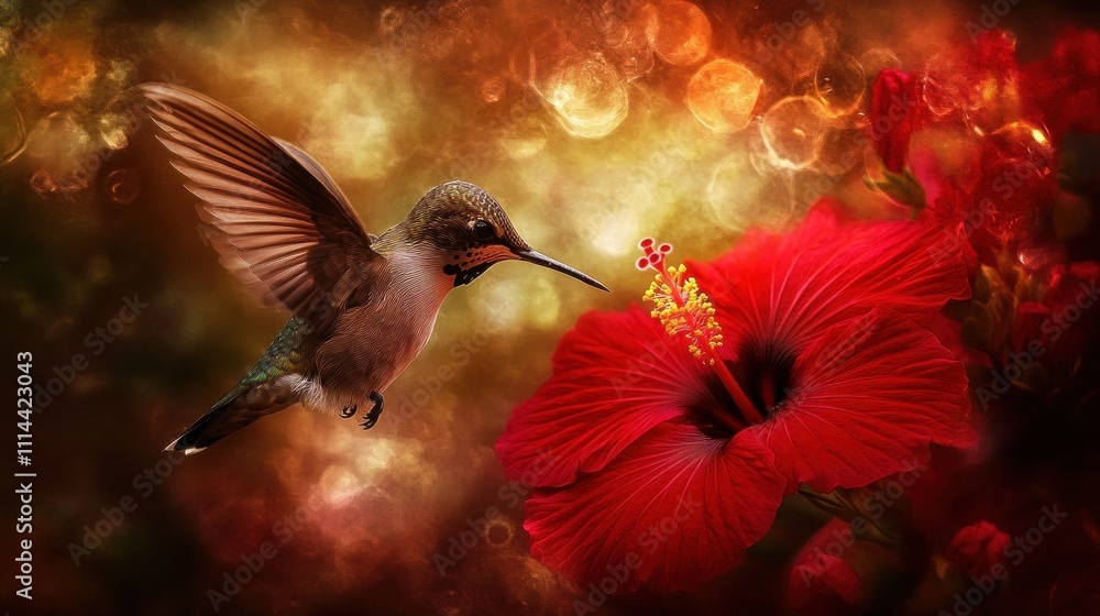 Fototapeta premium Hummingbird feeding on a vibrant red hibiscus flower, bokeh background.