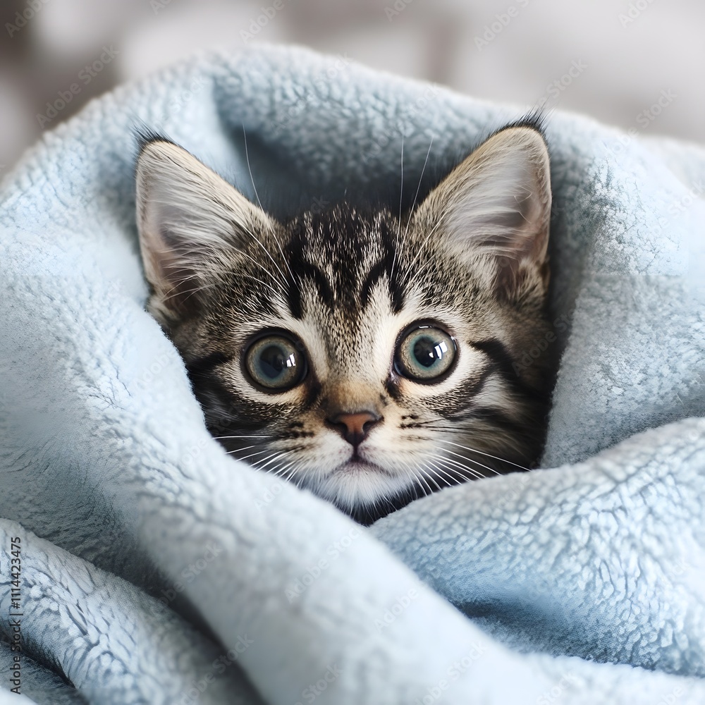 Playful kitten peeks over a soft blue blanket Playful kitten peeks over a soft blue blanket