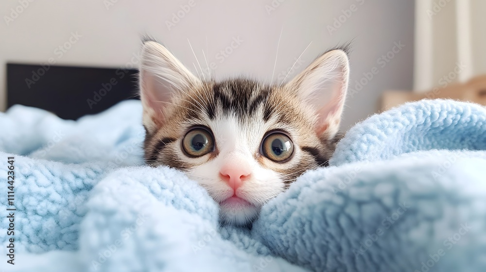 Playful kitten peeks over a soft blue blanket Playful kitten peeks over a soft blue blanket