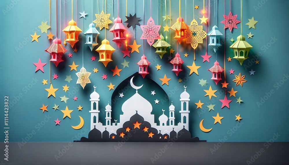 Obraz premium Festive Ramadan Papercraft Mosque Lanterns Stars