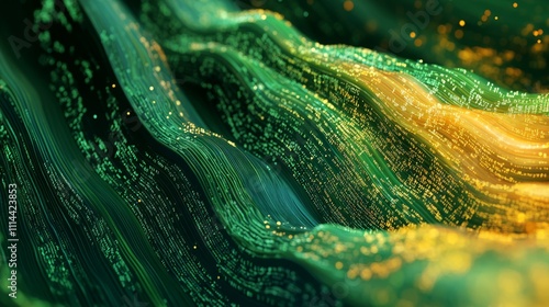 Flowing stream of binary code in green and yellow hues, representing data transfer and technology photo