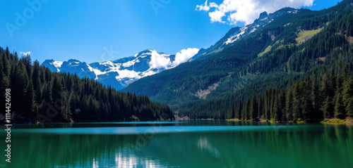 A serene and mystical lake, Lake Goygol, lies hidden within a lush tapestry of dense, emerald forests, its tranquil surface perfectly reflecting the brilliant blue sky above, as the rugged.