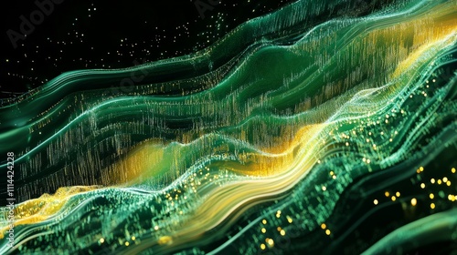 Flowing stream of binary code in green and yellow hues, representing data transfer and technology photo