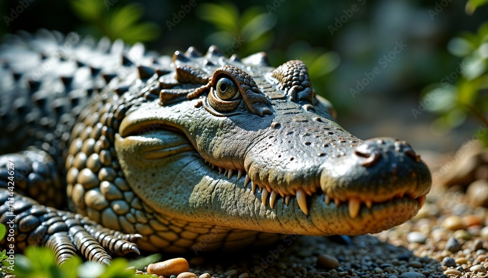 Fototapeta premium Crocodile portrait with a fierce expression lounging on a rocky surface surrounded by greenery