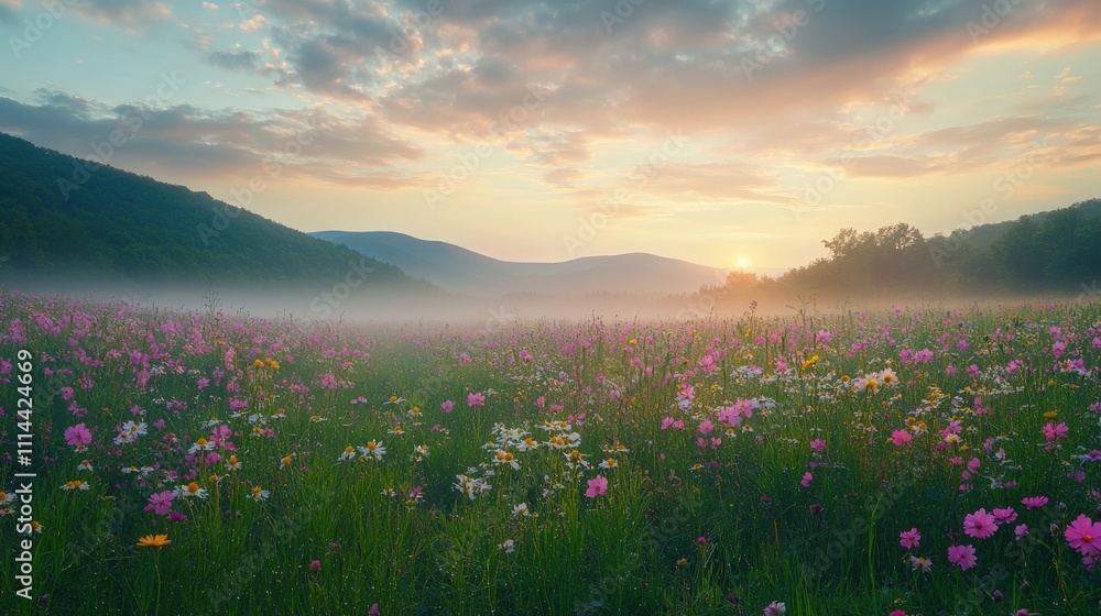 A serene landscape featuring a colorful flower field at sunrise, surrounded by misty mountains under a cloudy sky. A serene landscape featuring a colorful flower field at sunrise, surrounded by misty mountains under a cloudy sky.