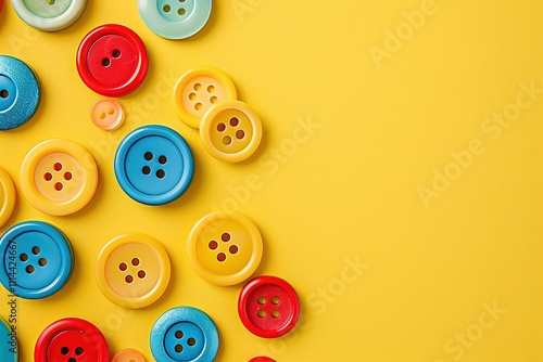 A yellow background with a bunch of colorful buttons on it