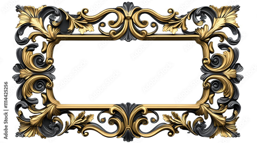 A rectangular Baroque frame with gold accents, exuding opulence and grandeur, isolated on a transparent background. A rectangular Baroque frame with gold accents, exuding opulence and grandeur, isolated on a transparent background.