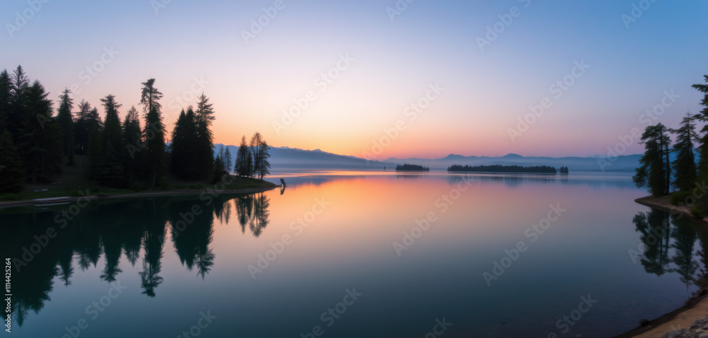 Serene Nohur Lake at dawn, surrounded by towering pine trees and majestic distant mountains, with its still, glassy waters reflecting the soft, warm pastel tones of a peaceful sunrise. Serene Nohur Lake at dawn, surrounded by towering pine trees and majestic distant mountains, with its still, glassy waters reflecting the soft, warm pastel tones of a peaceful sunrise.