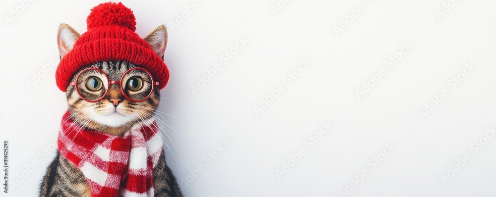Fototapeta premium A cute cat wearing a red knitted hat and a checkered scarf against a plain background, embodying a cozy winter vibe.