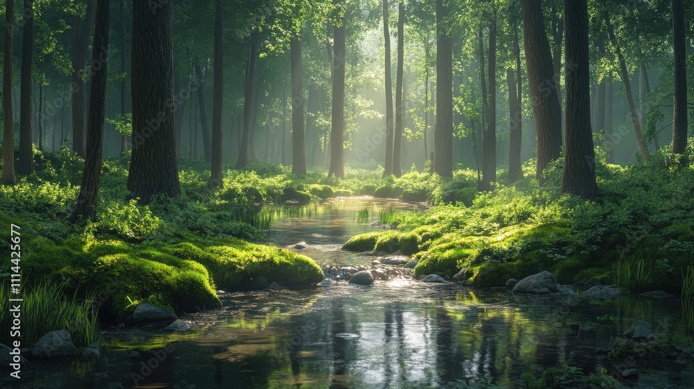 Obraz premium A serene forest scene featuring a tranquil stream surrounded by lush greenery and tall trees, illuminated by soft sunlight filtering through the foliage.