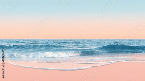 A serene beach scene with gentle waves lapping against a soft, pink shoreline under a pastel sky.