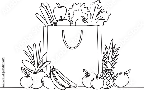 Line Drawing of Grocery Paper Bag Filled with Fresh Fruits and Vegetables Minimalist Shopping Illustration
