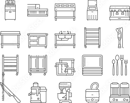 restaurant equipment kitchen cafe icons set vector. fryer commercial, professional industry, clean utensil, interior fridge, stainless restaurant equipment kitchen cafe black contour illustrations