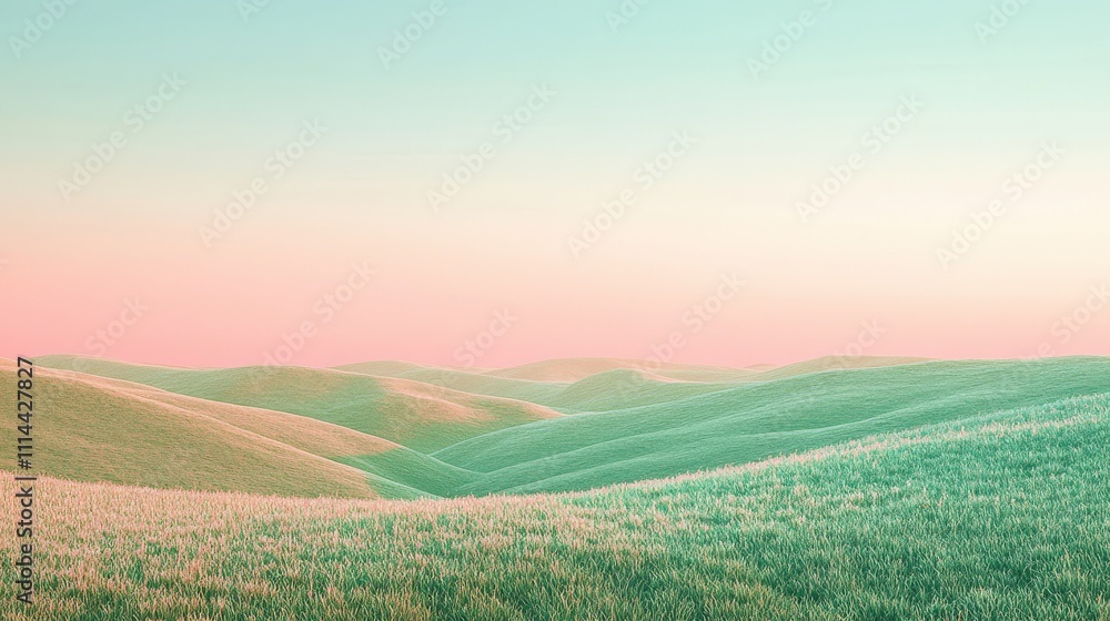 Fototapeta premium A serene landscape featuring rolling hills with a pastel sky, creating a tranquil and dreamy atmosphere.
