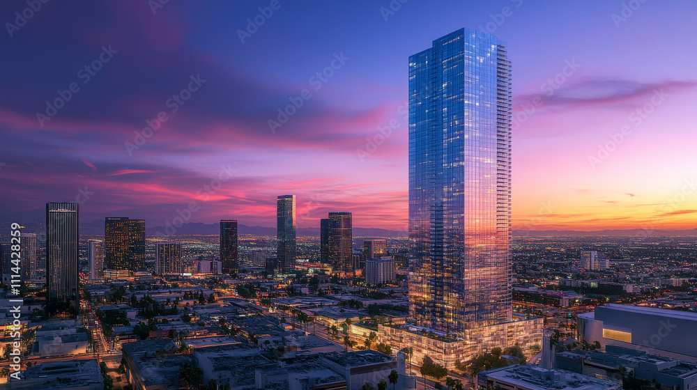 Naklejka premium Cityscape Skyscraper Dusk Reflection Modern Architecture