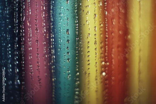 A close-up view of water droplets on a window, perfect for use in scientific or educational contexts where the study of condensation and fluid dynamics is required photo