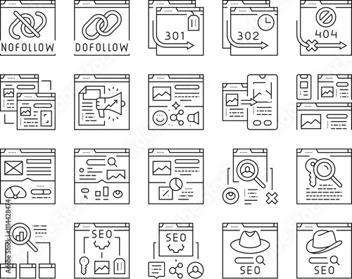 seo technical audit icons set vector. optimize market, rank search, improve marketing, dashboard report seo technical audit black contour illustrations