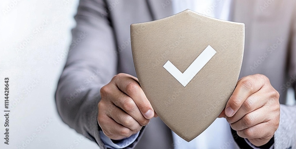 minimal photostock of a Technology computer and internet cyber security and anti virus concept, Businessman pressing security shield with check mark icon with blurred office backg minimal photostock of a Technology computer and internet cyber security and anti virus concept, Businessman pressing security shield with check mark icon with blurred office backg
