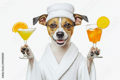 Dog wearing a towel wrap and holding two tropical cocktails