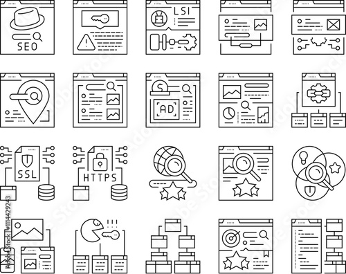 seo market rank search icons set vector. improve marketing, dashboard report, building result, top website, digital seo market rank search black contour illustrations
