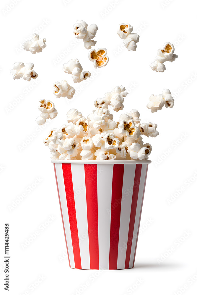 Popcorn bursting out of a classic red-and-white striped container , isolated on white background Popcorn bursting out of a classic red-and-white striped container , isolated on white background