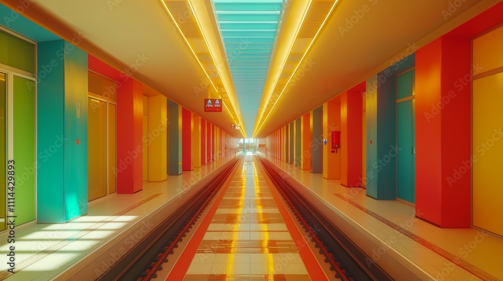 Fototapeta premium vibrant modern subway station with colorful walls and symmetrical design, featuring bright lights and clean lines, empty platform, futuristic architecture concept