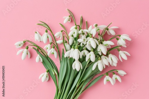 Snowdrops bloom gracefully against a soft pink backdrop, adding a touch of elegance to any spring arrangement or design