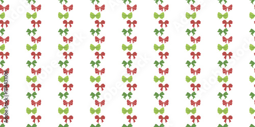 Seamless pattern of green and red bows on a white background.