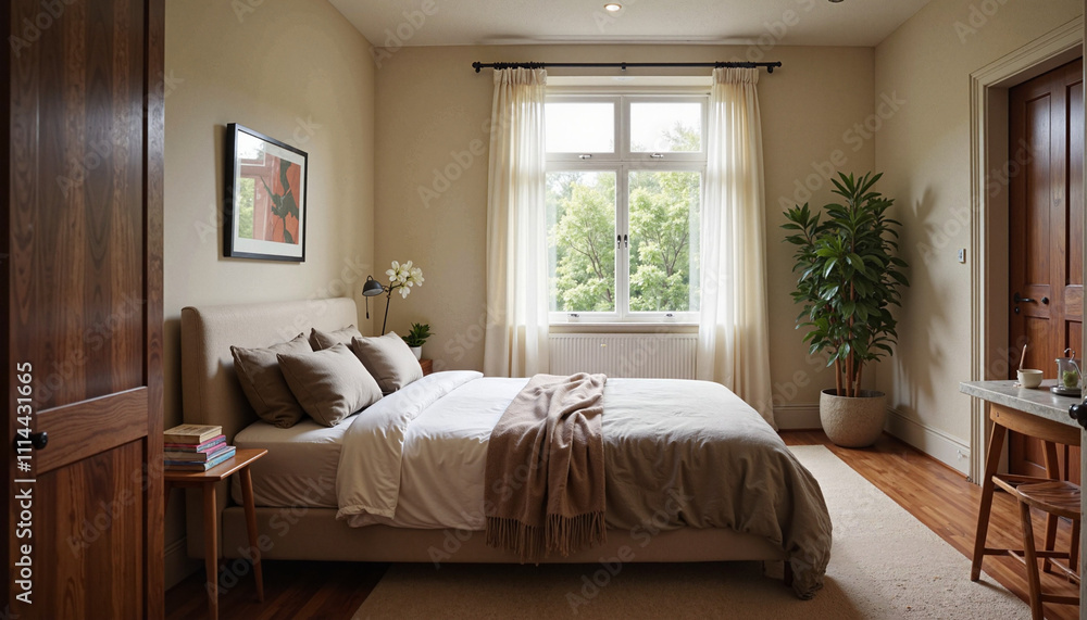 Fototapeta premium Cozy and inviting bedroom with soft bedding and natural light, minimalist decor, relaxing atmosphere, copy space