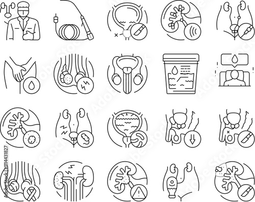 urology prostate urinary kidney icons set vector. bladder human, men cancer, urologist renal, tract stone, cystitis doctor, nephrology urology prostate urinary kidney black contour illustrations