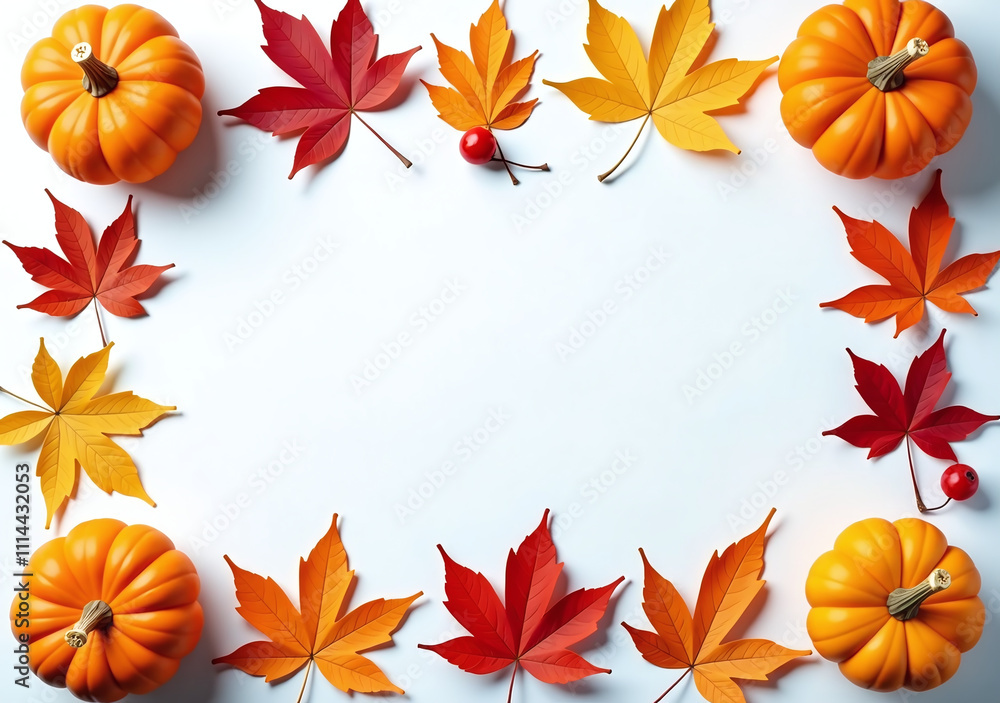 Obraz premium colorful autumn flat lay dried leaves pumpkins berries white