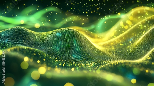 Flowing stream of binary code in green and yellow hues, representing data transfer and technology photo