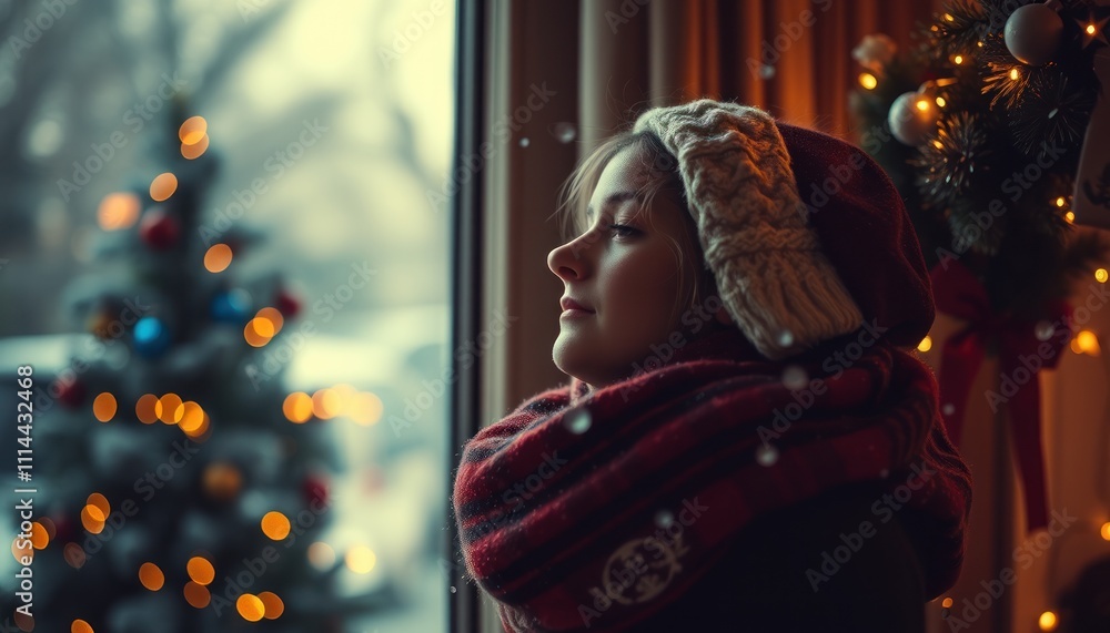 Obraz premium A serene woman gazes out the window, surrounded by festive decorations and a Christmas tree.