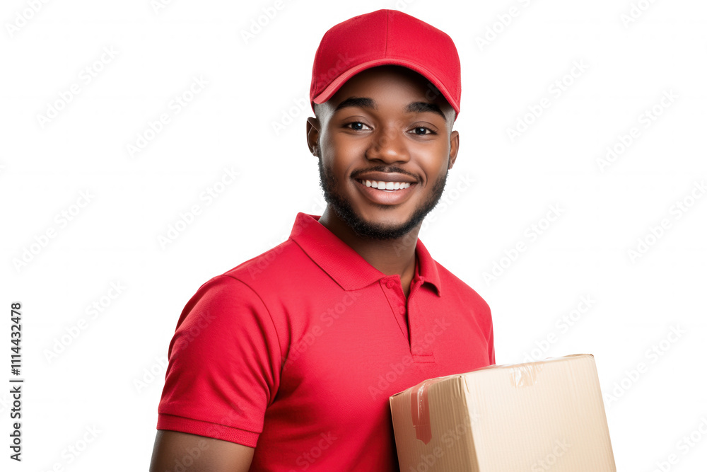 A cheerful delivery person dressed in a red uniform and cap stands against a white background, confidently holding a cardboard package. Their bright smile conveys friendly service and readiness for de A cheerful delivery person dressed in a red uniform and cap stands against a white background, confidently holding a cardboard package. Their bright smile conveys friendly service and readiness for de