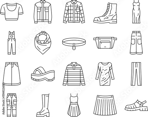 90s vintage fashion retro 80s icons set vector. trendy style, geometric pop, party modern, trend neon, element hipster, music funky 90s vintage fashion retro 80s black contour illustrations