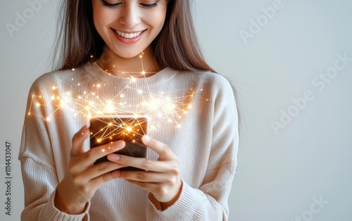 minimal photostock of a  Woman hand holding smart phone with graphic icon multichannel online banking payment network communication photo