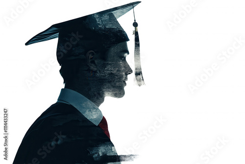 A graduation cap and gown silhouette represent achievement and success. The profile of a graduate signifies the culmination of years of hard work and dedication, emphasizing the transition to new oppo