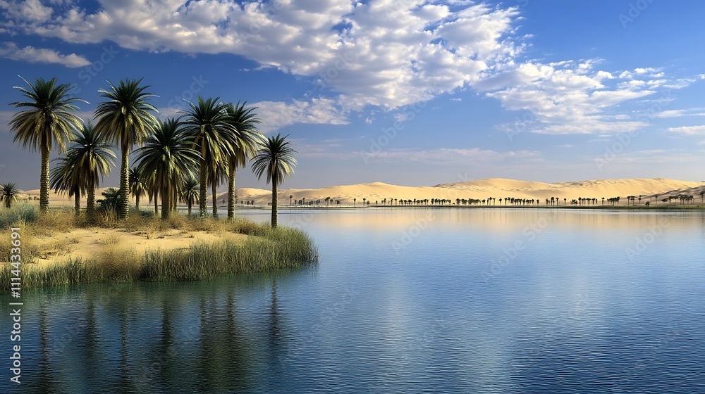 Serene Oasis Palm Trees Reflecting In Calm Desert Water Serene Oasis Palm Trees Reflecting In Calm Desert Water