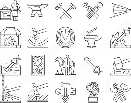 blacksmith forge anvil hammer icons set vector. smith metal, smithy craftsman, fire steel, work farrier, black forging, sword strike blacksmith forge anvil hammer black contour illustrations