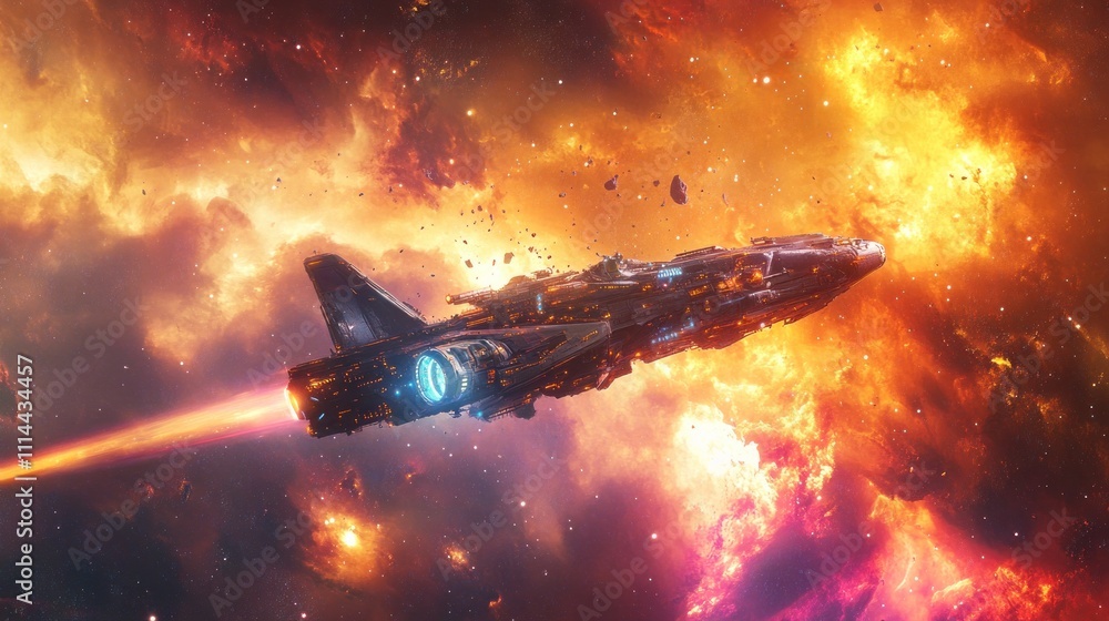 Fototapeta premium Spaceship flying through a fiery nebula, emitting a blue thrust.