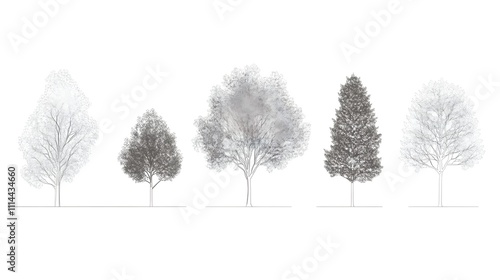 Minimal style CAD tree line drawing, side view, a set of graphic tree elements with outline symbols for architecture and landscape design