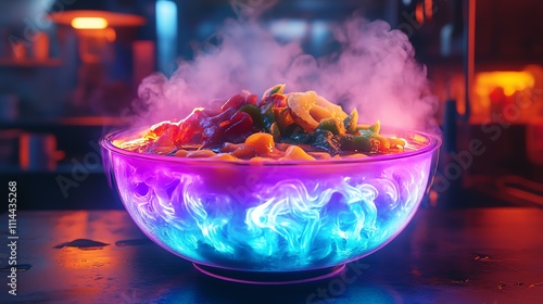 Enigmatic ramen experience urban night market food photography mystical atmosphere close-up bioluminescent noodles in glowing bowl photo