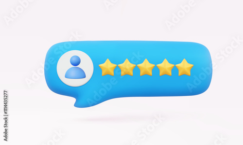 Chat speech bubble five stars score 3D icon account profile name customer review rating premium quality guarantee service feedback concept. online shop