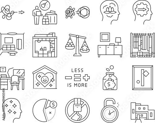 minimalist mind man person icons set vector. functional space, apartment minimal home lifestyle, simplicity modern mindful home minimalist mind man person black contour illustrations