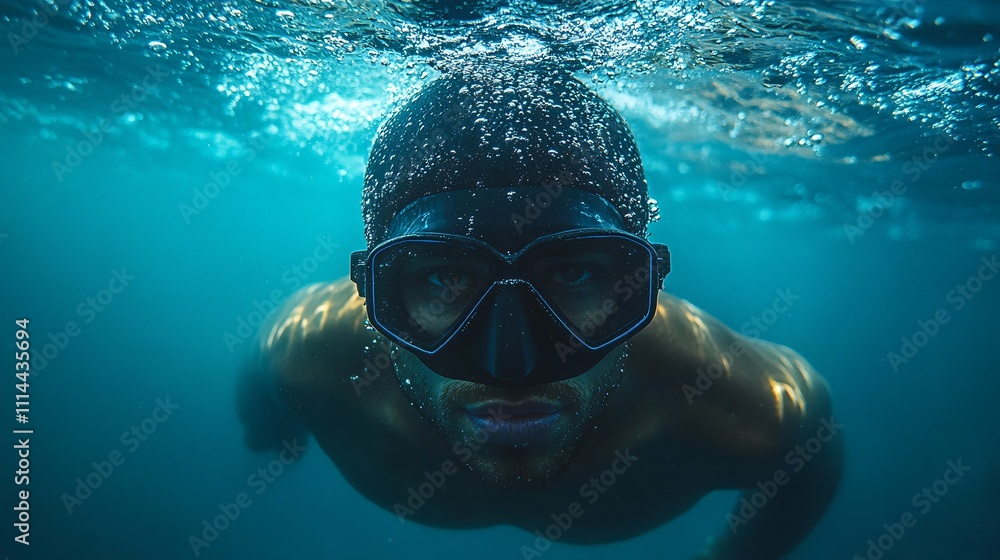 Fototapeta premium Swimmer Underwater with Clear Reflection and Bubbles
