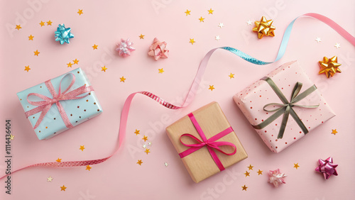 Happy new year banner template. Flat lay composition with wrapped gifts, and ribbons on pastel pink background. Top view with copy space.
