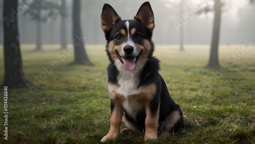 Happy Dog Sitting in a Foggy Forest