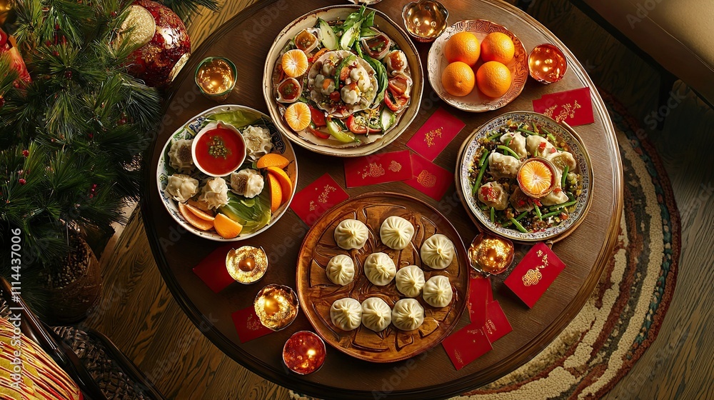 Festive dinner table with Asian cuisine, oranges, and candles. Festive dinner table with Asian cuisine, oranges, and candles.