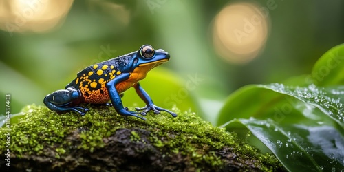  A brightly colored poison dart frog resting on a moss-covered rock in the heart of the Amazon rainforest.  photo